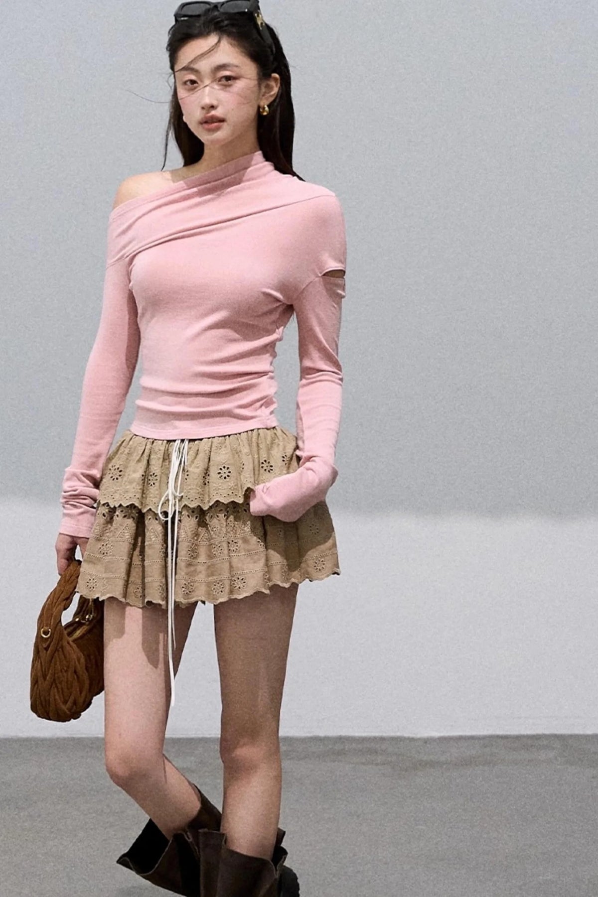 Slanted Shoulder Knit Base Layer Top