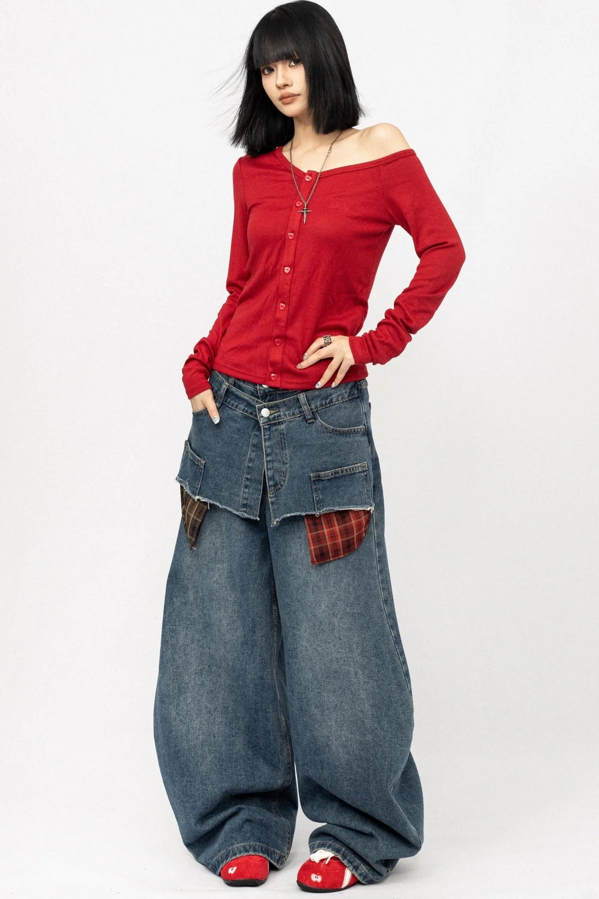 Slanted shoulder Long Sleeve Knitted Top