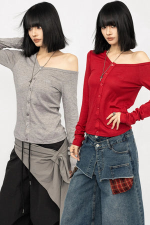 Slanted shoulder Long Sleeve Knitted Top