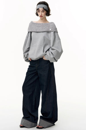 Slanted Shoulder Loose Pullover Sweatshirt