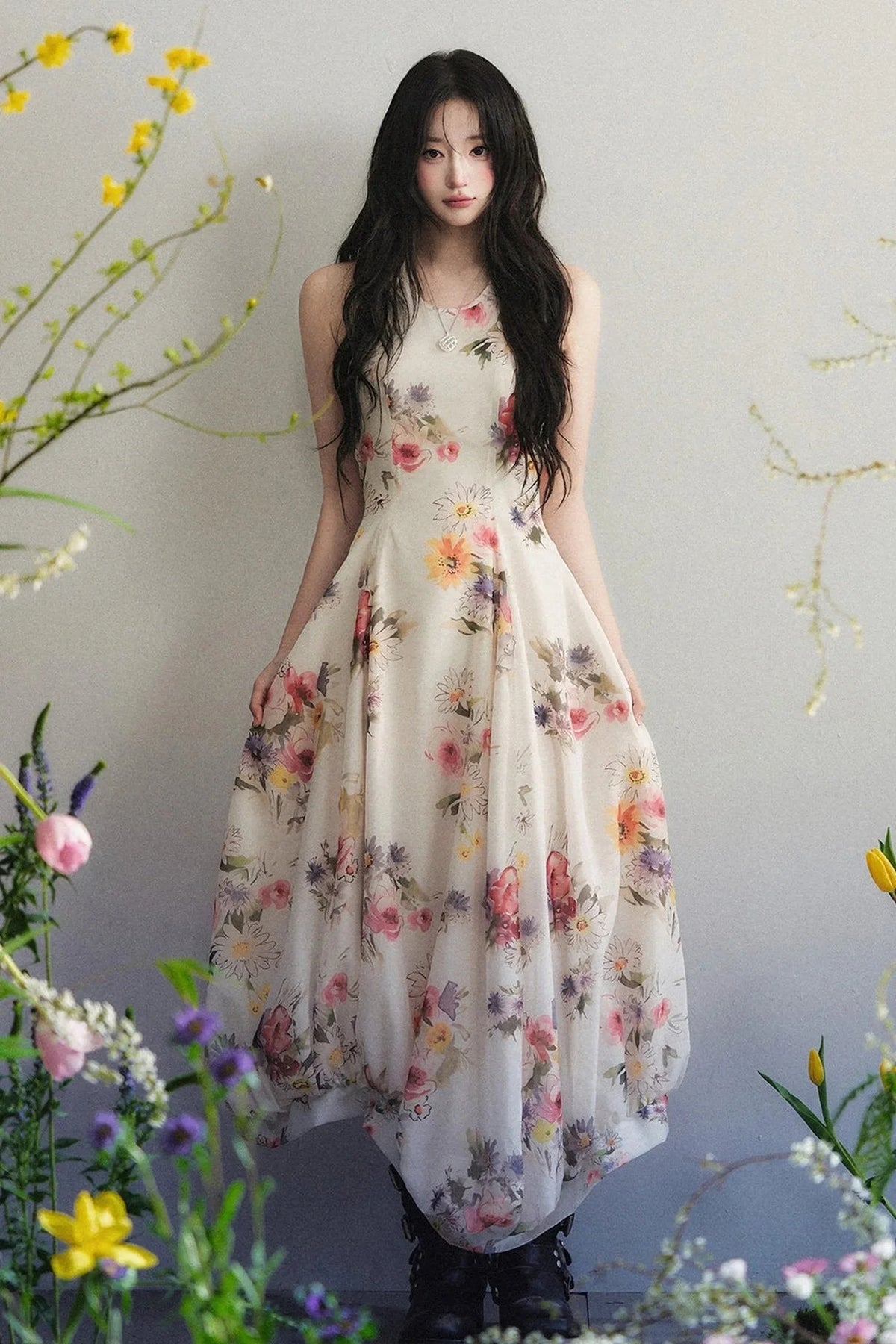 Sleeveless Floral Print Asymmetrical Hem Chiffon Dress