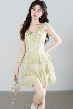 Sleeveless Green Ruffled Tiered Dress