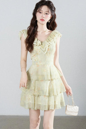 Sleeveless Green Ruffled Tiered Dress