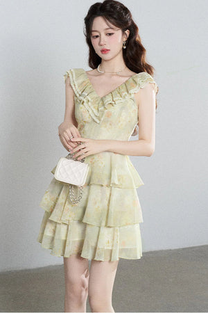 Sleeveless Green Ruffled Tiered Dress