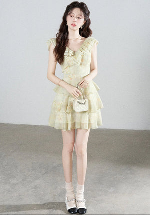 Sleeveless Green Ruffled Tiered Dress