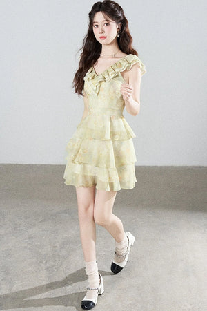 Sleeveless Green Ruffled Tiered Dress