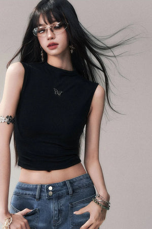 Sleeveless Mid-Neck High-Waisted Crop T-Shirt