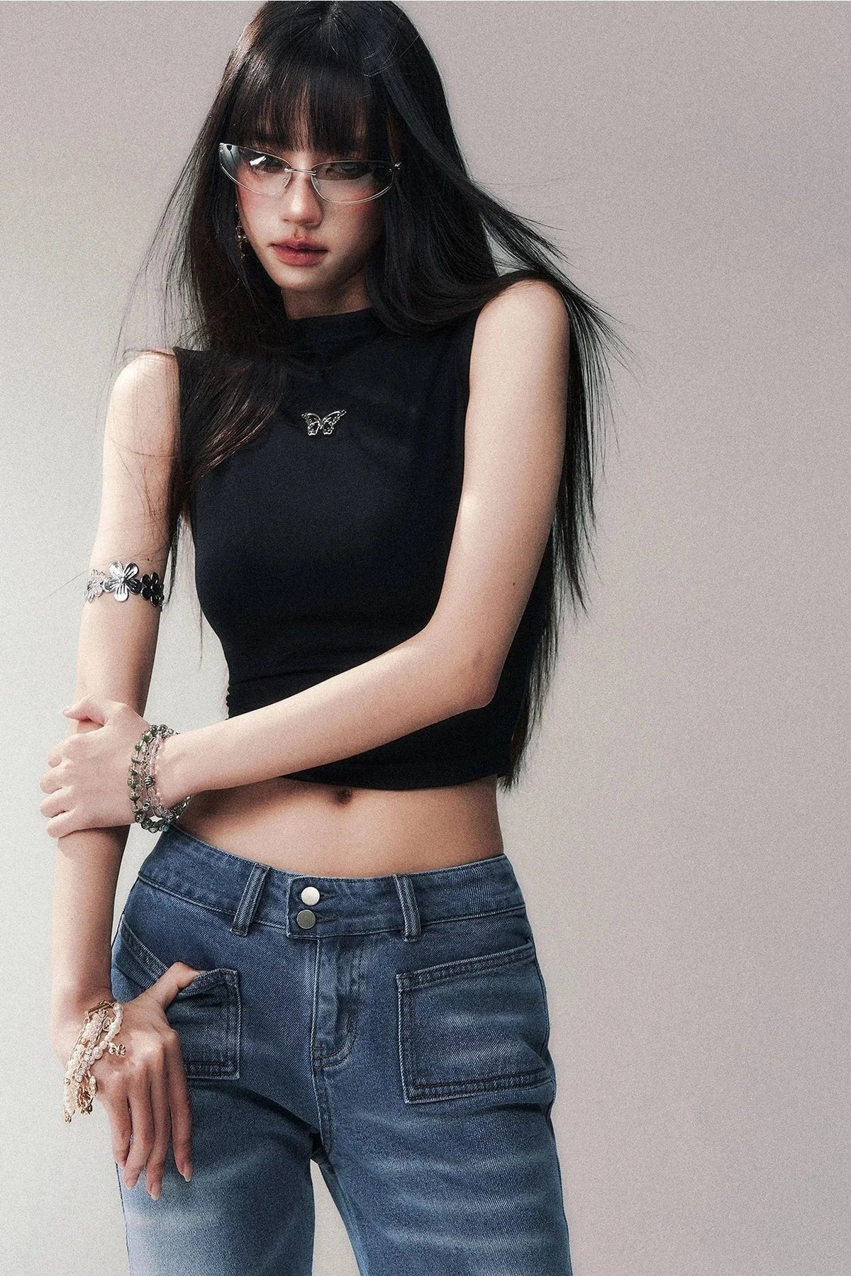 Sleeveless Mid-Neck High-Waisted Crop T-Shirt