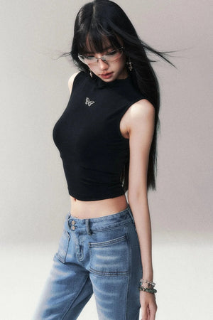 Sleeveless Mid-Neck High-Waisted Crop T-Shirt