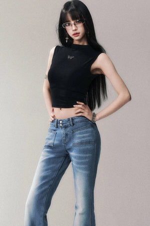 Sleeveless Mid-Neck High-Waisted Crop T-Shirt