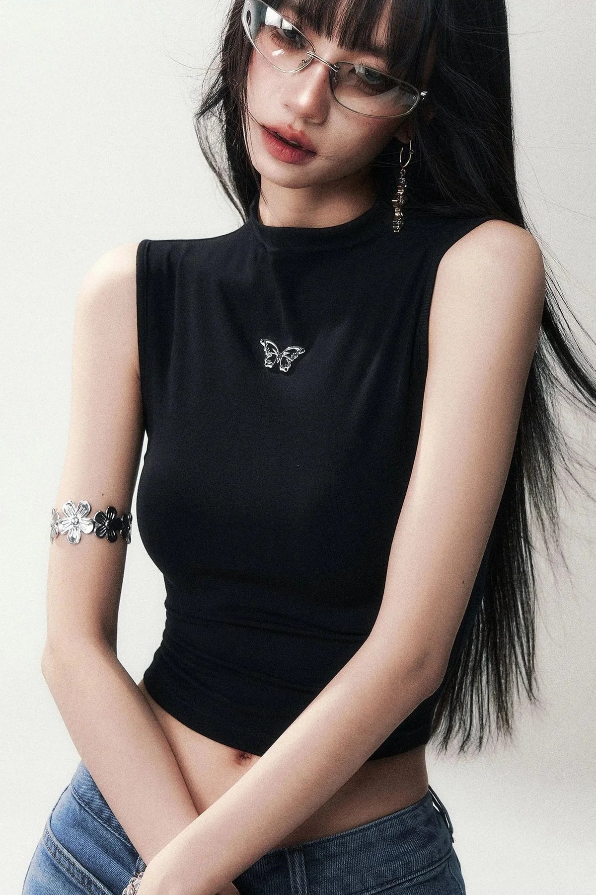Sleeveless Mid-Neck High-Waisted Crop T-Shirt