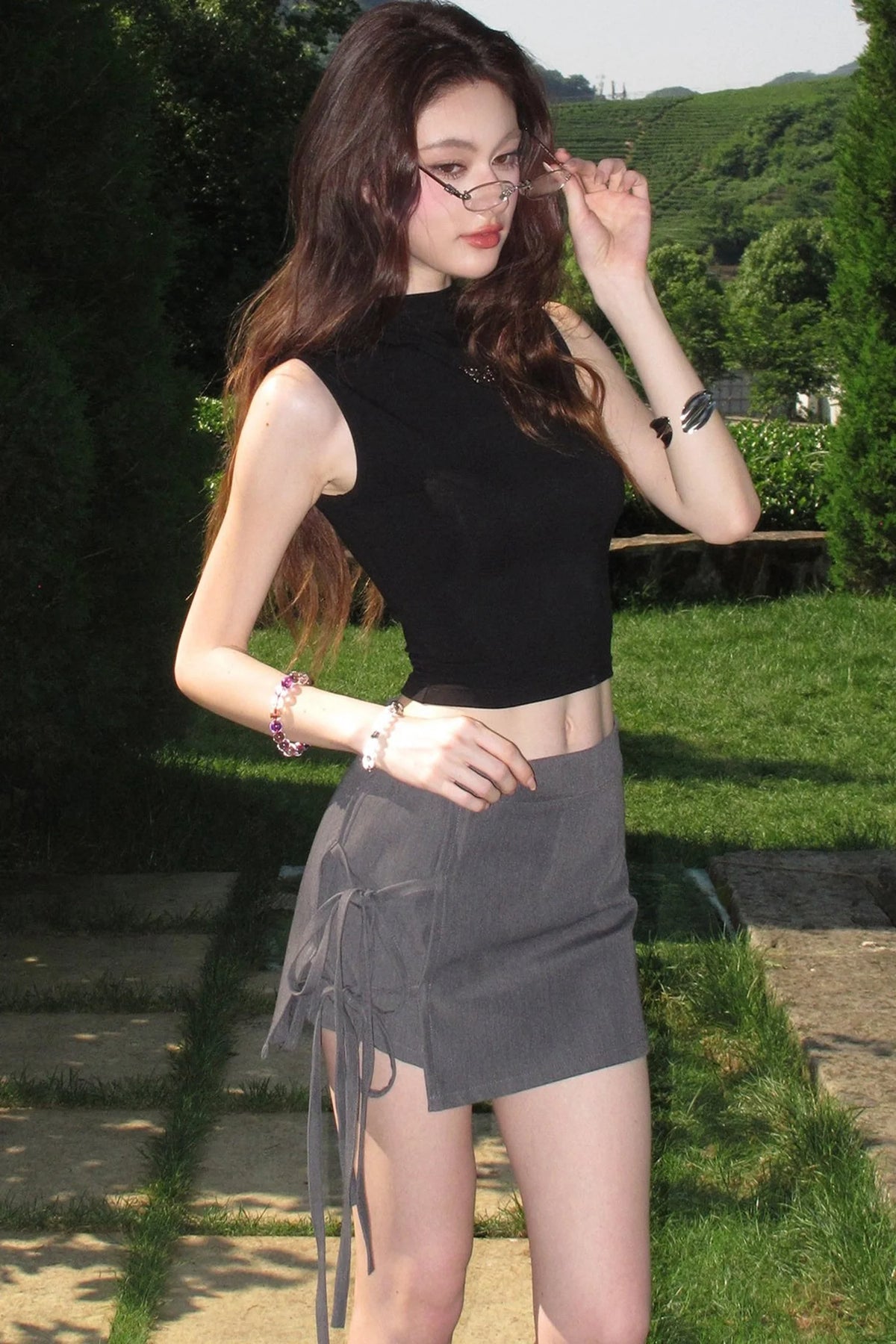 Sleeveless Mid-Neck High-Waisted Crop T-Shirt