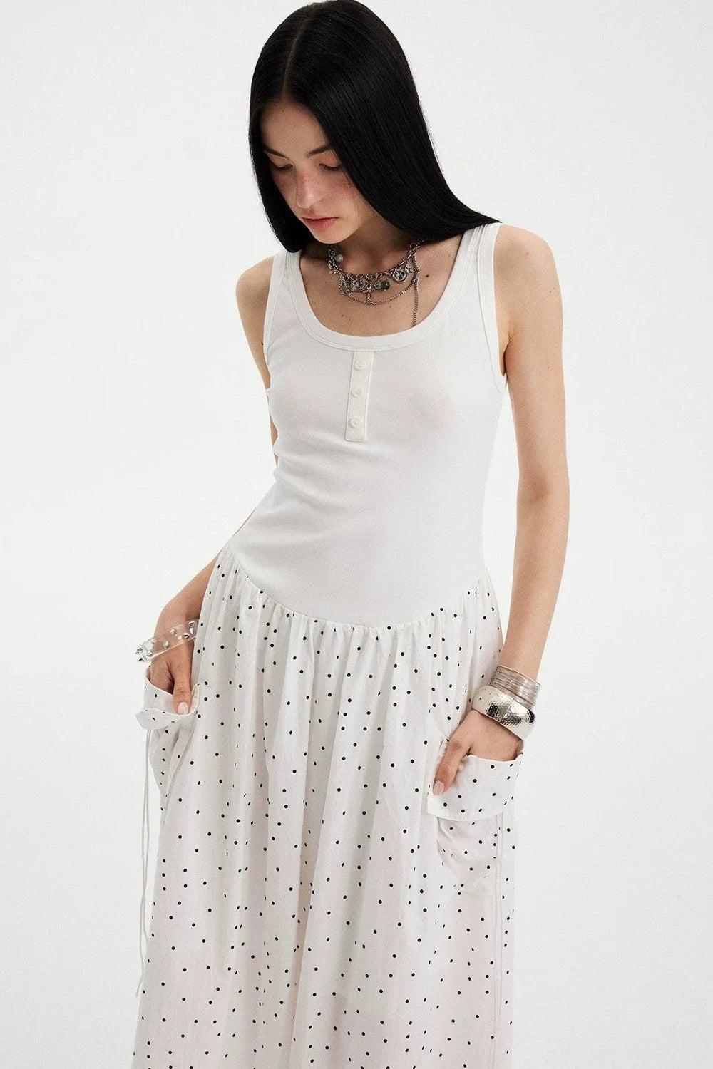 Sleeveless Polka Dot A-Line Maxi Dress