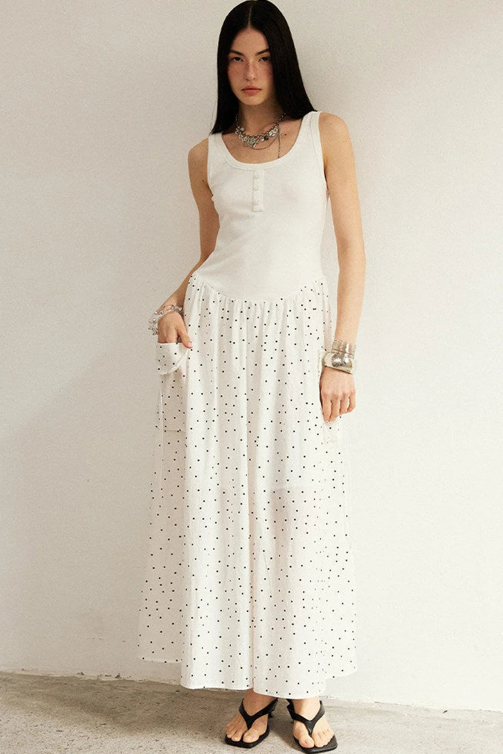 Sleeveless Polka Dot A-Line Maxi Dress