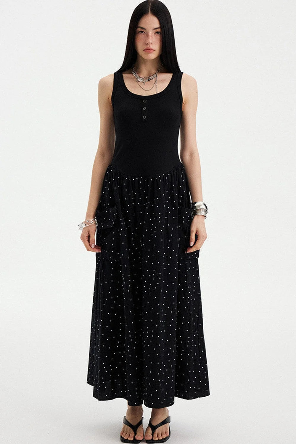Sleeveless Polka Dot A-Line Maxi Dress