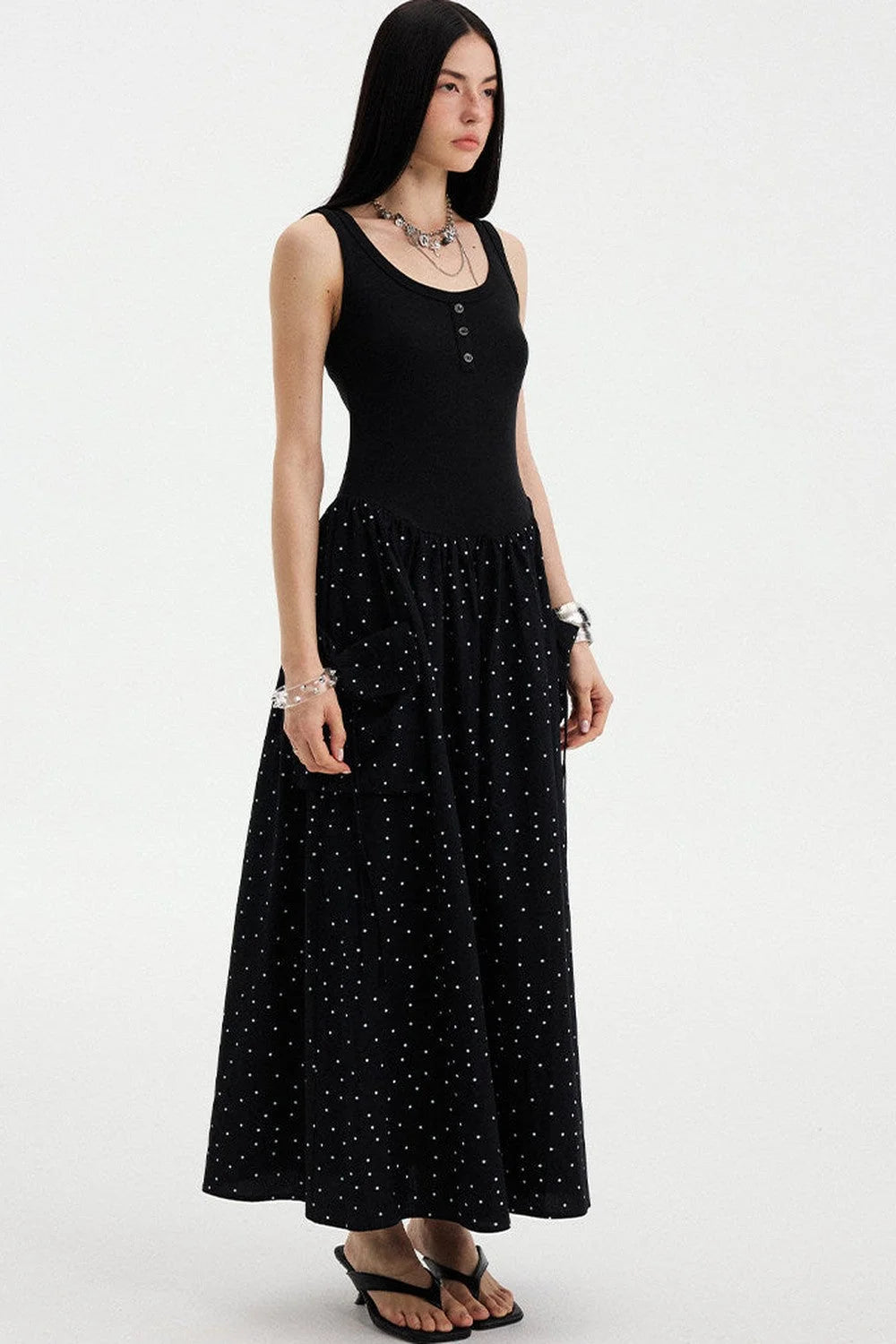 Sleeveless Polka Dot A-Line Maxi Dress