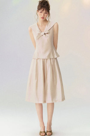 Sleeveless Sailor Collar Shirt and Pleated Pants Set-Up
