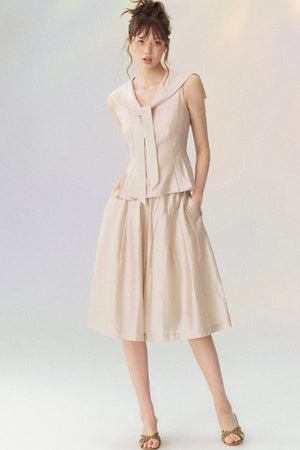 Sleeveless Sailor Collar Shirt and Pleated Pants Set-Up