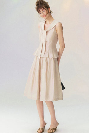 Sleeveless Sailor Collar Shirt and Pleated Pants Set-Up