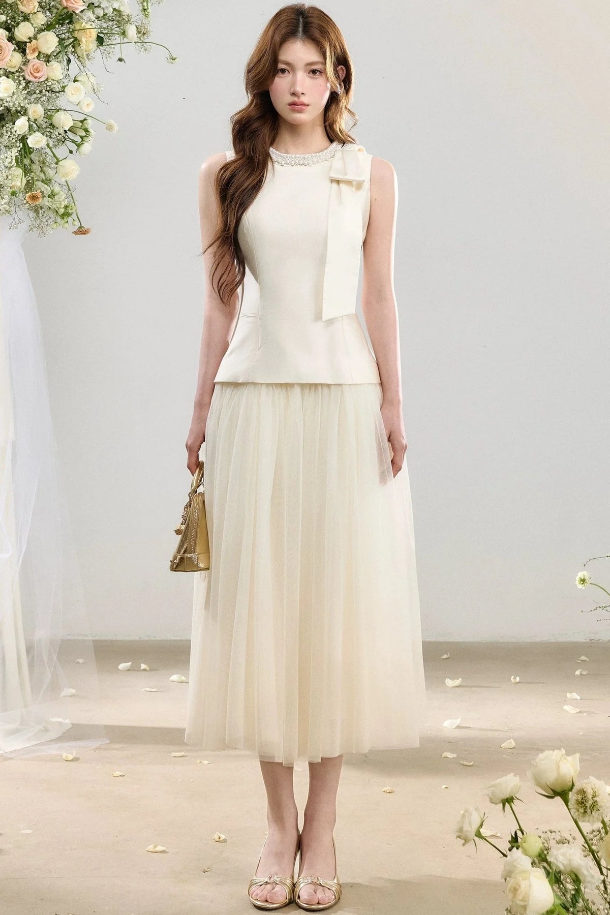 Sleeveless Waist-Cinching Tulle Skirt Dress