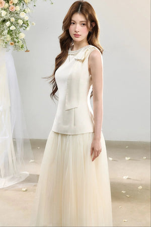 Sleeveless Waist-Cinching Tulle Skirt Dress