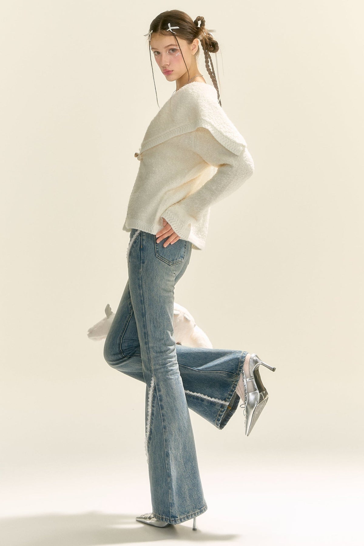 Slightly Flared Split Lace Jeans