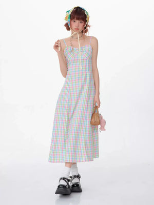Slim Color Suspender Plaid Sleeveless Dress