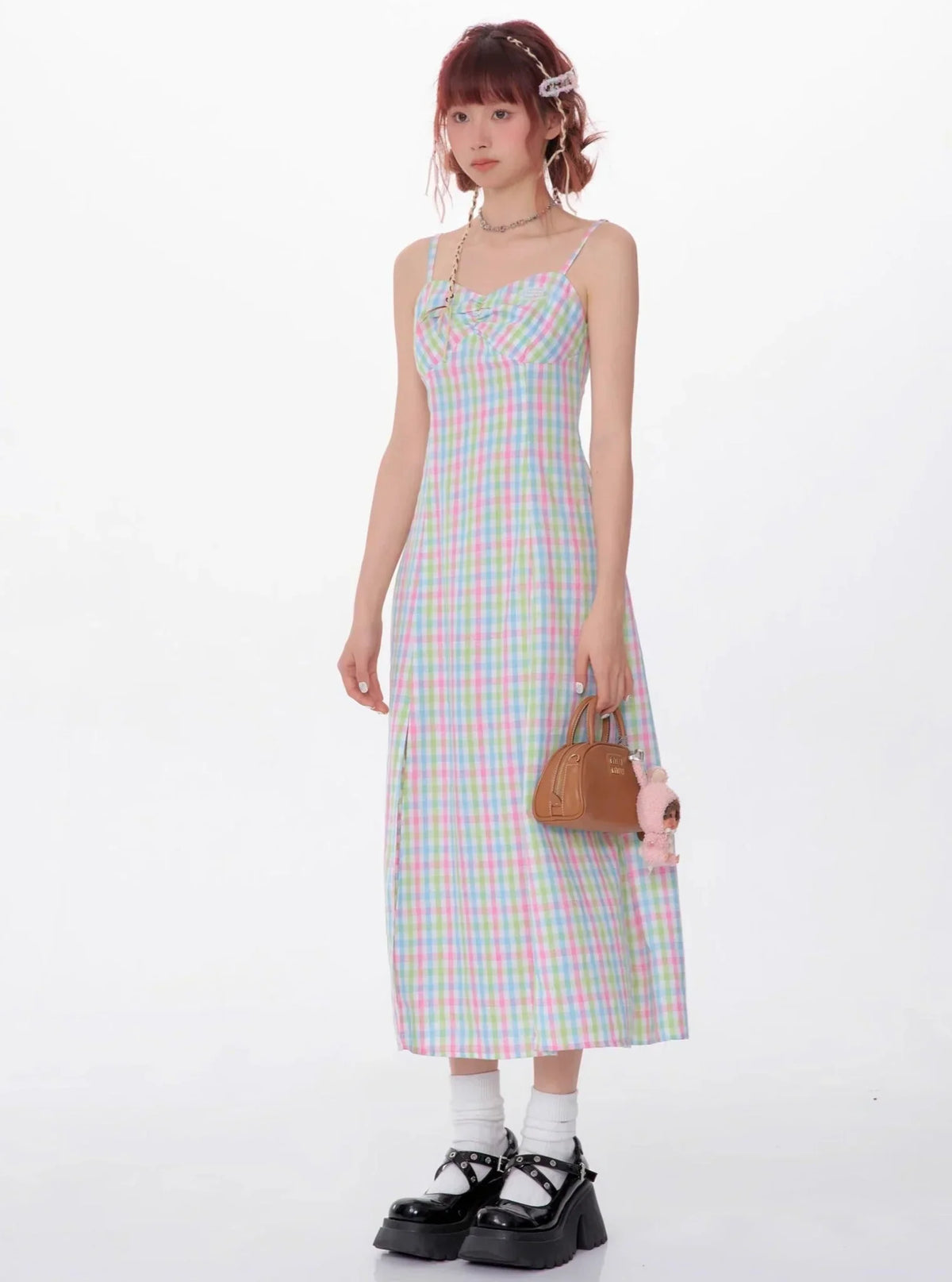 Slim Color Suspender Plaid Sleeveless Dress