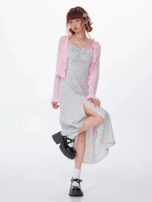 Slim Color Suspender Plaid Sleeveless Dress