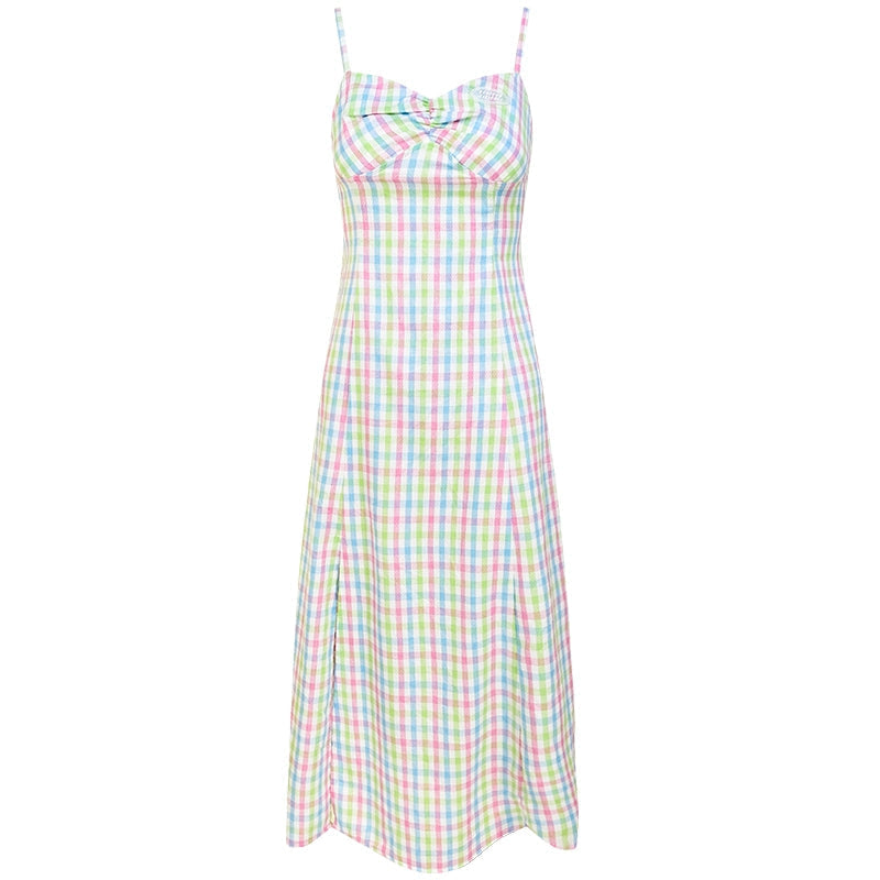 Slim Color Suspender Plaid Sleeveless Dress