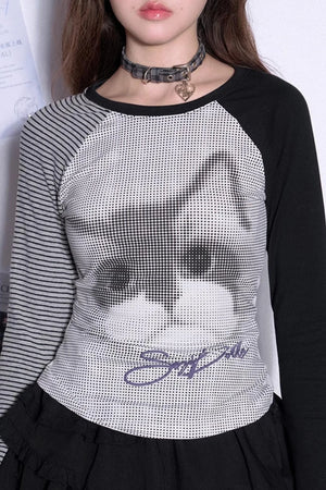 Slim Fit Cat Print Color-Block Top