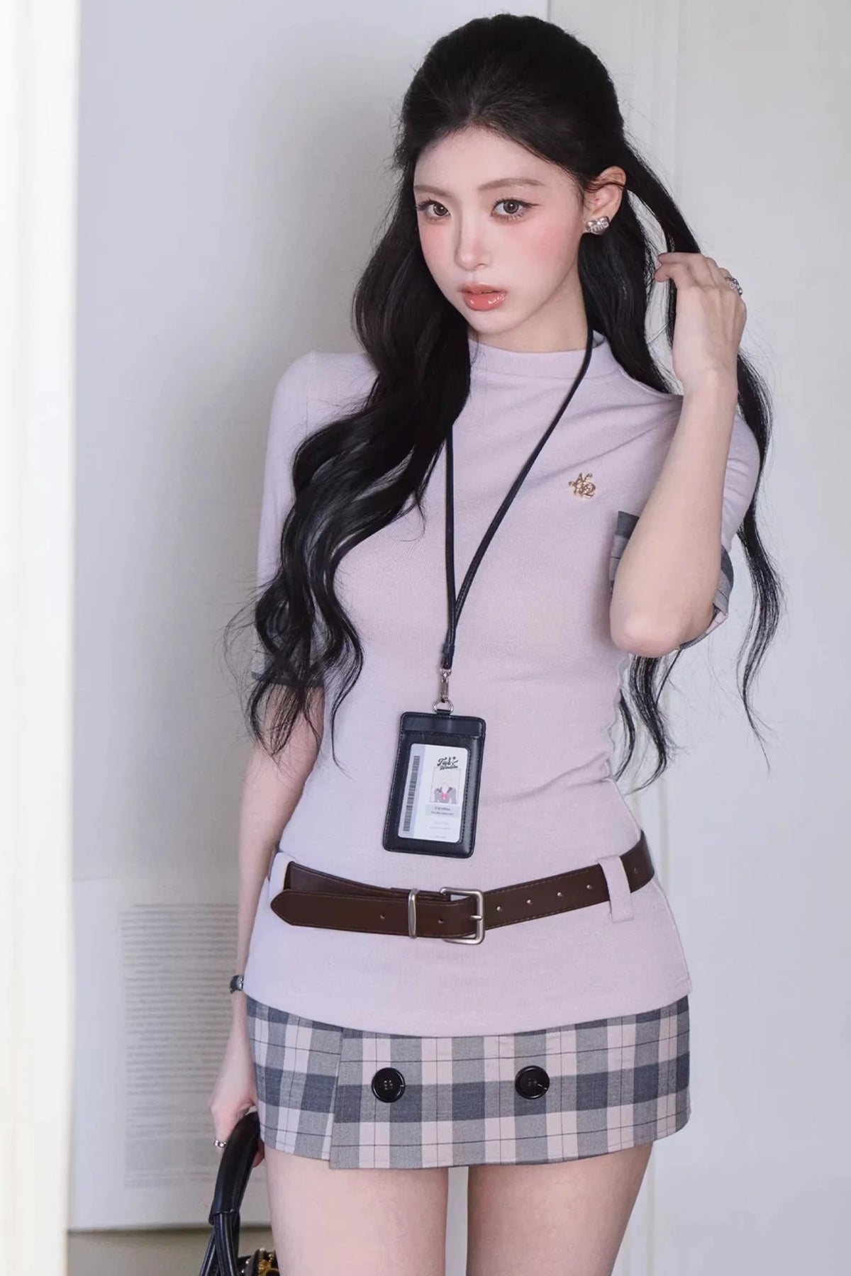 Slim-Fit Plaid Skirt Two-Piece Set-Up