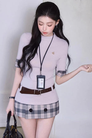 Slim-Fit Plaid Skirt Two-Piece Set-Up