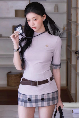 Slim-Fit Plaid Skirt Two-Piece Set-Up