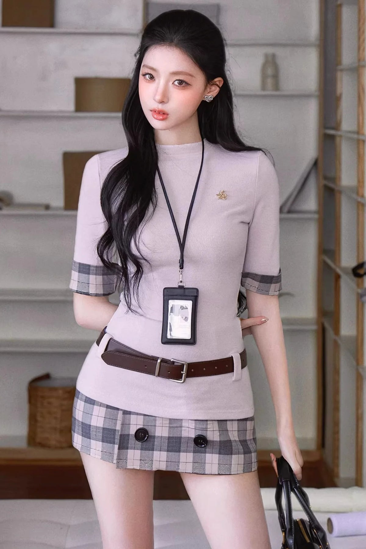 Slim-Fit Plaid Skirt Two-Piece Set-Up
