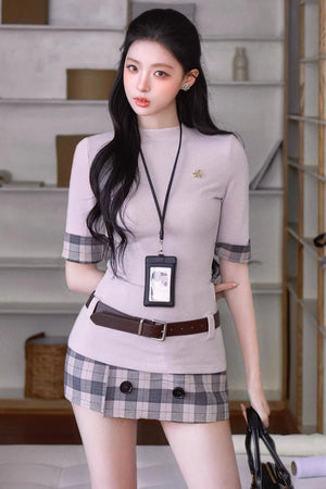 Slim-Fit Plaid Skirt Two-Piece Set-Up