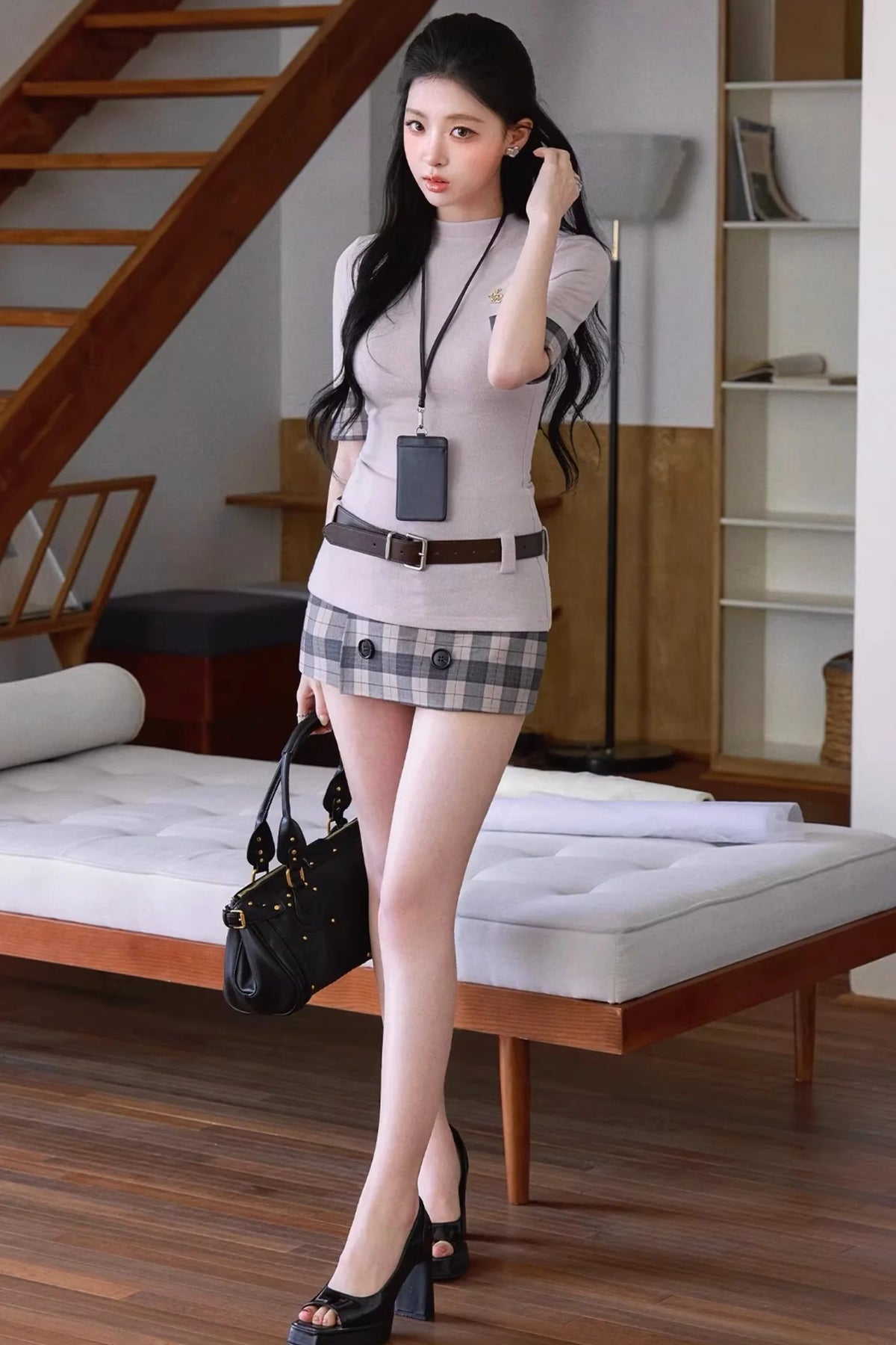 Slim-Fit Plaid Skirt Two-Piece Set-Up