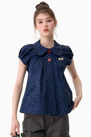 Slim Fit Retro Doll Collar Polka Dot Top