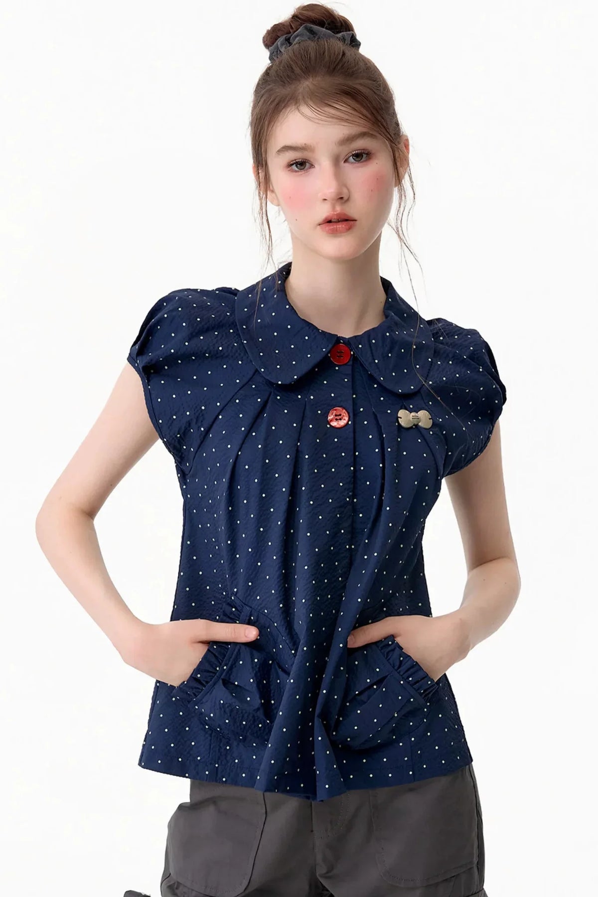 Slim Fit Retro Doll Collar Polka Dot Top