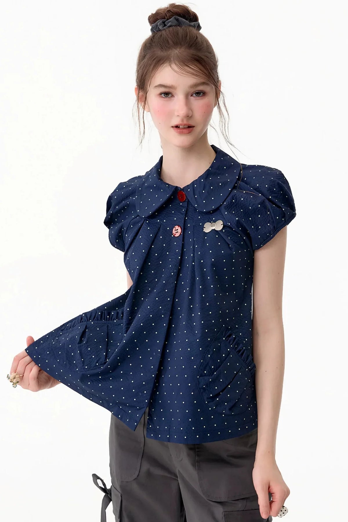 Slim Fit Retro Doll Collar Polka Dot Top