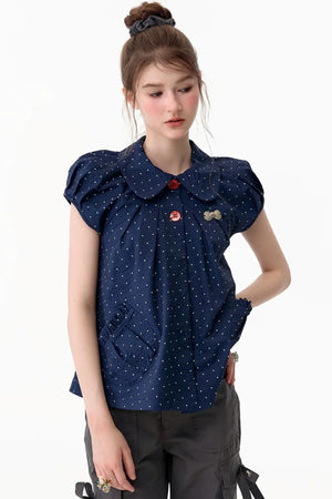 Slim Fit Retro Doll Collar Polka Dot Top