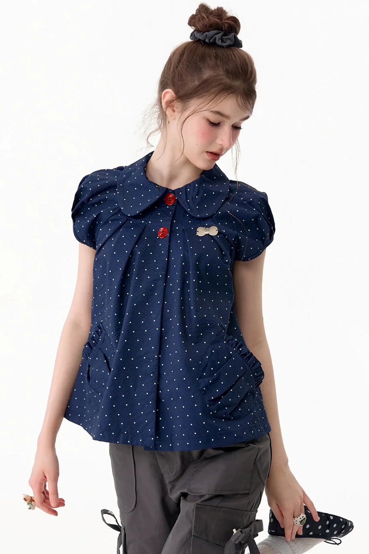 Slim Fit Retro Doll Collar Polka Dot Top
