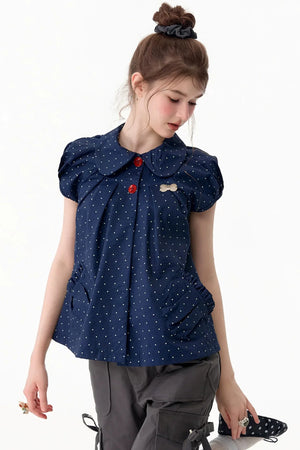 Slim Fit Retro Doll Collar Polka Dot Top