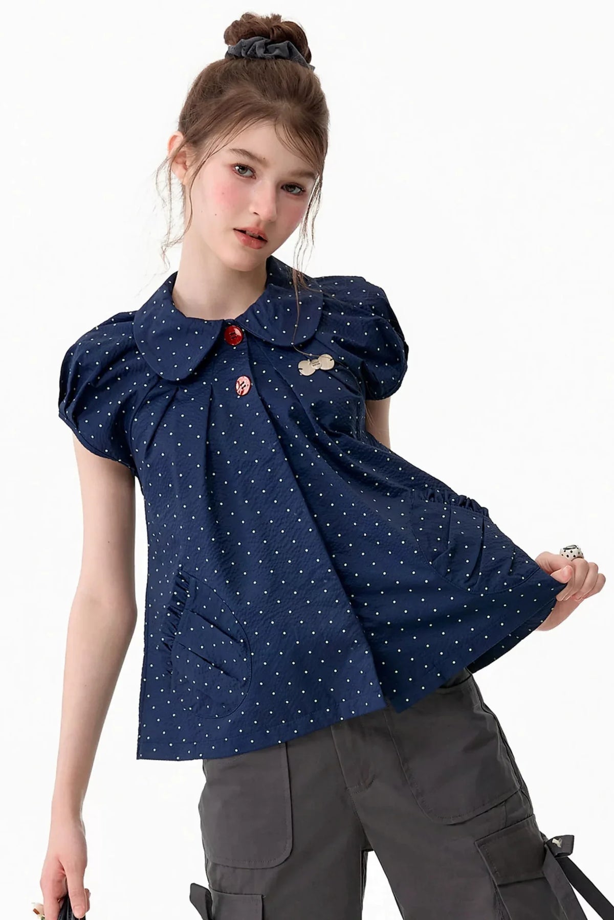 Slim Fit Retro Doll Collar Polka Dot Top