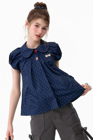 Slim Fit Retro Doll Collar Polka Dot Top