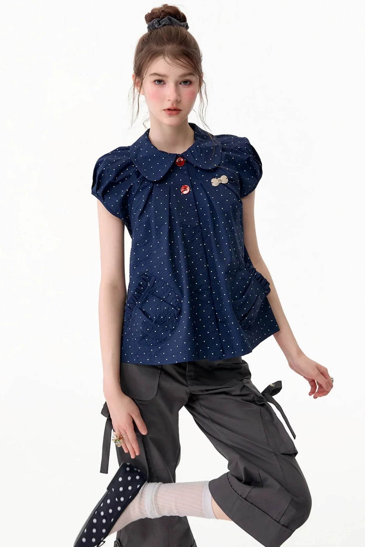 Slim Fit Retro Doll Collar Polka Dot Top