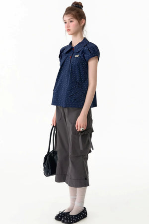 Slim Fit Retro Doll Collar Polka Dot Top