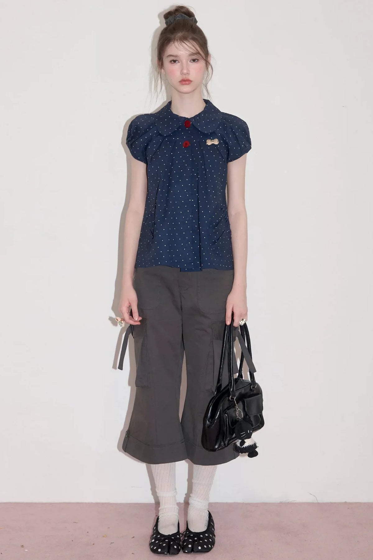 Slim Fit Retro Doll Collar Polka Dot Top