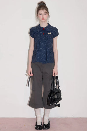 Slim Fit Retro Doll Collar Polka Dot Top