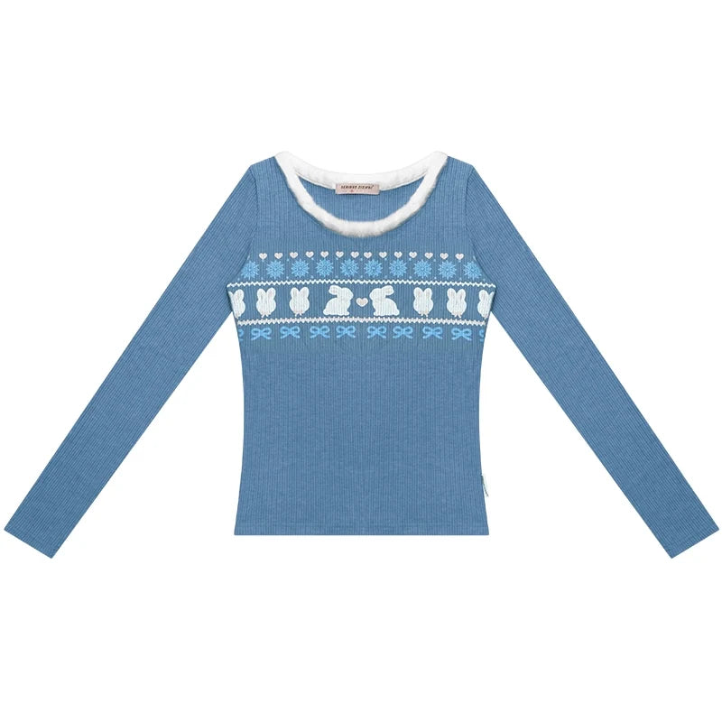 Slim Rabbit Print Knitted Base Shirt